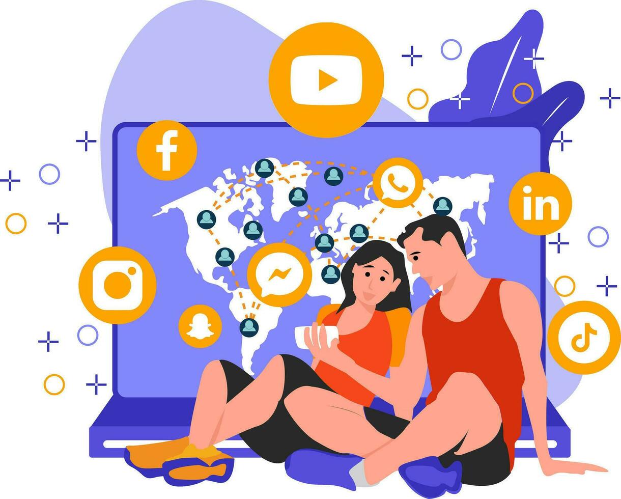 Young couple watching video on mobile and socially connected to the world vector