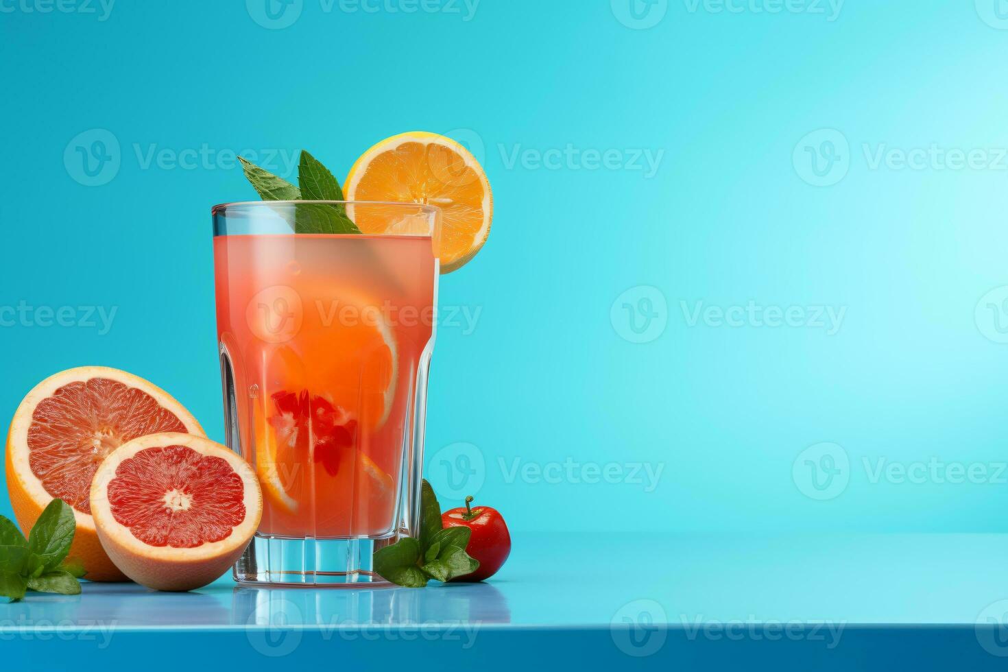fruit juice on a cyan background, AI Generated photo