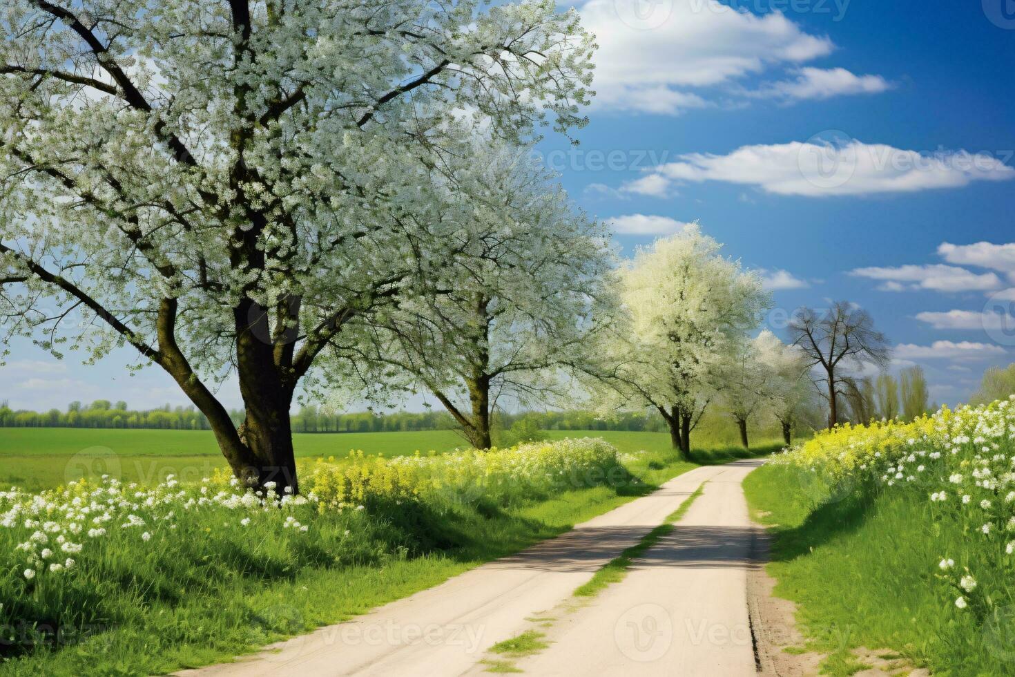 asphalt road landscape in spring, AI Generative photo