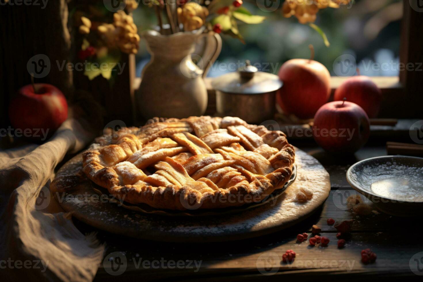 warm apple pie on the table, AI generated photo