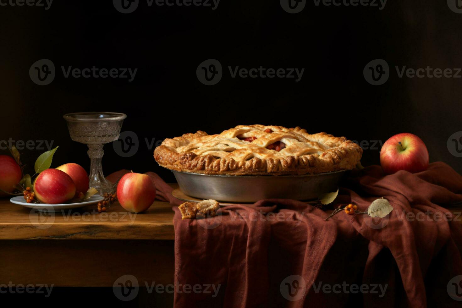warm apple pie on the table, AI generated photo