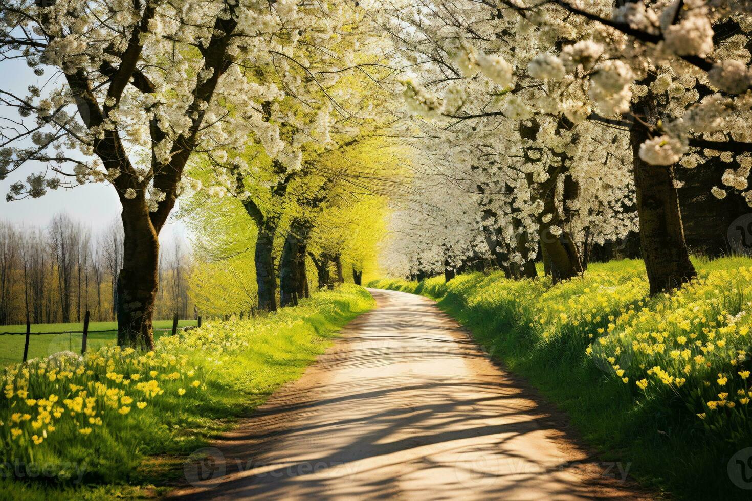 asphalt road landscape in spring, AI Generative photo