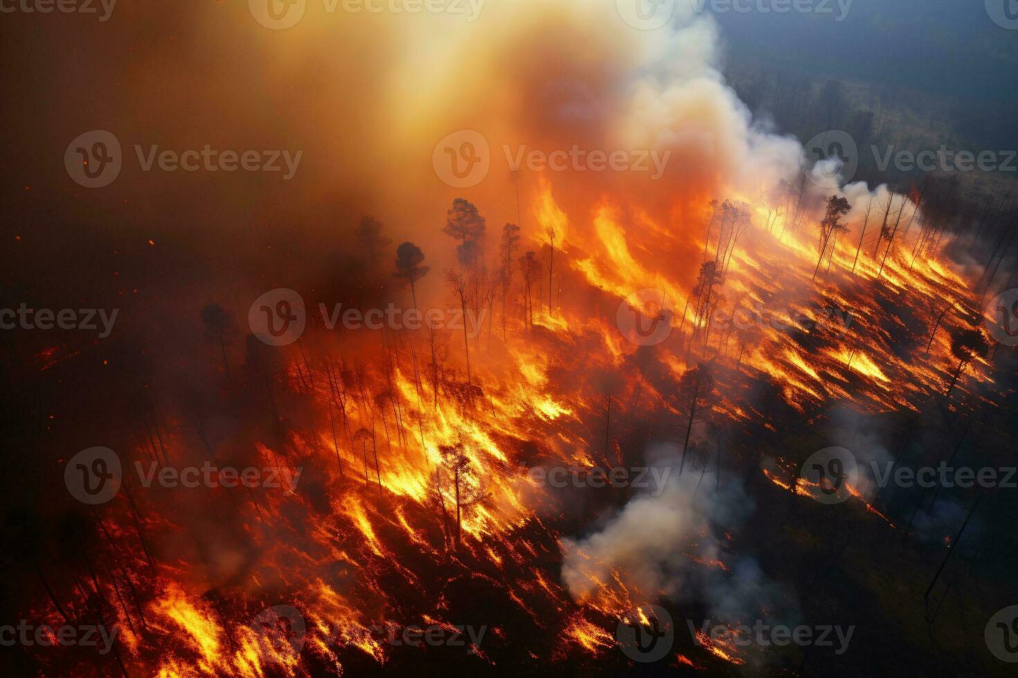 Forest fires emitting smoke taken from a high angle, AI generated photo