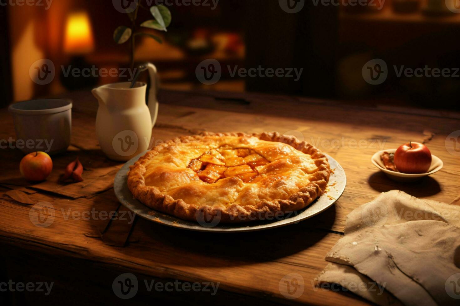 warm apple pie on the table, AI generated photo