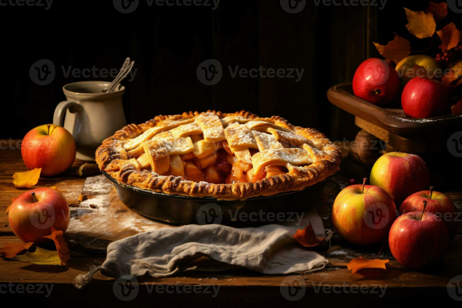 warm apple pie on the table, AI generated photo