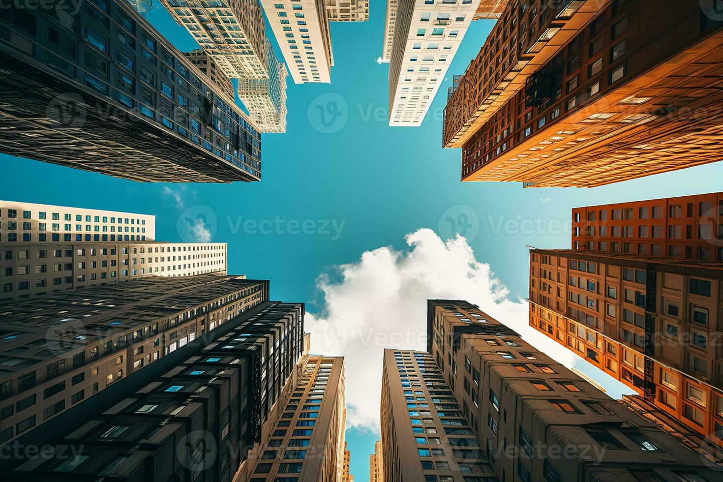 Tall buildings with clear skies taken from a low angle, AI generated photo