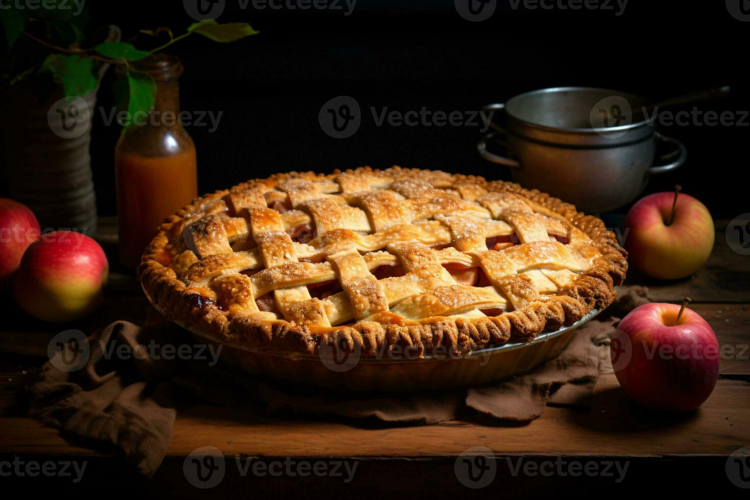 warm apple pie on the table, AI generated photo