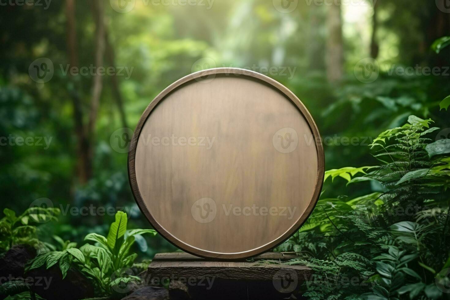 round signboard with green leaves background, environmental saving concept, AI generated photo