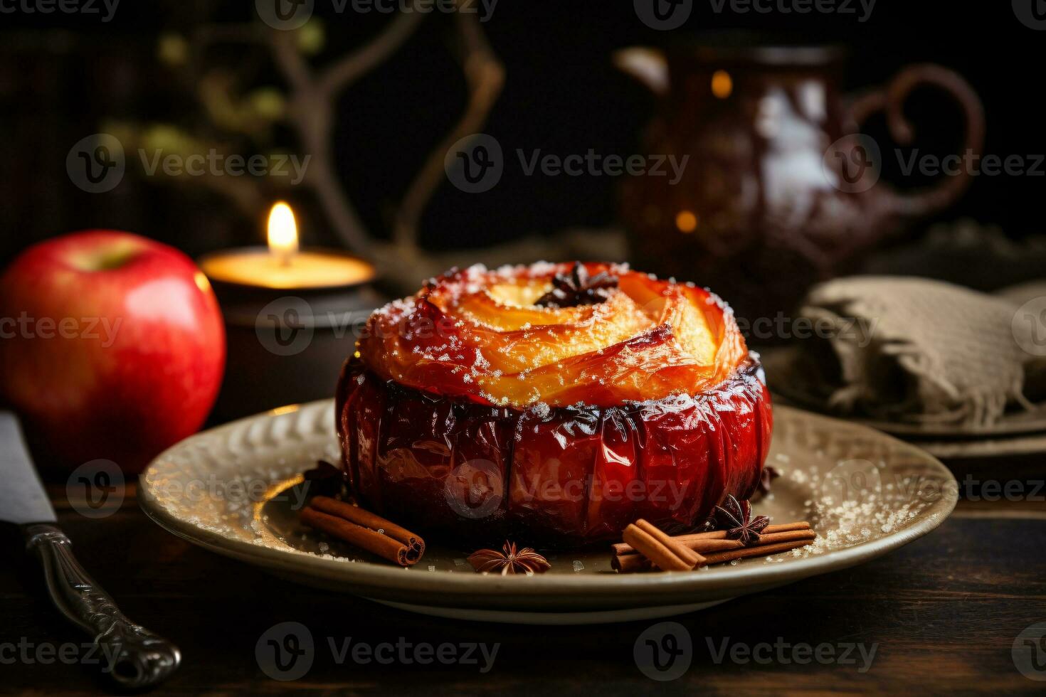 Warm baked apples on the table, AI generated photo