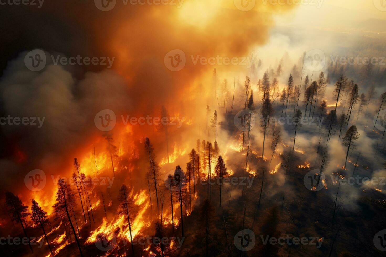 Forest fires emitting smoke taken from a high angle, AI generated photo