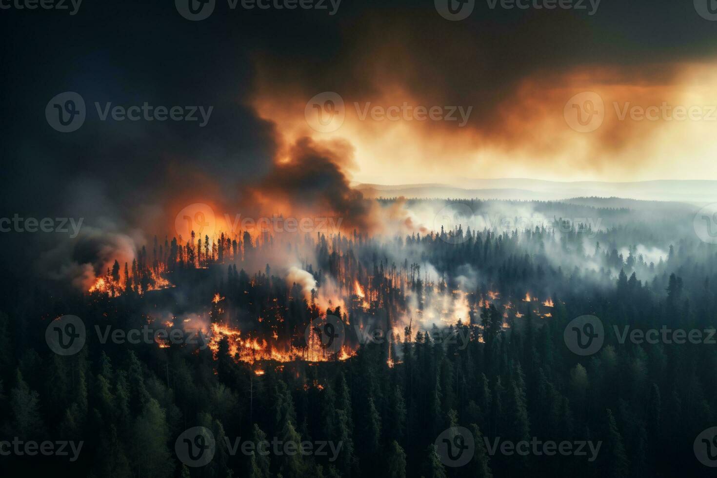 Forest fires emitting smoke taken from a high angle, AI generated photo