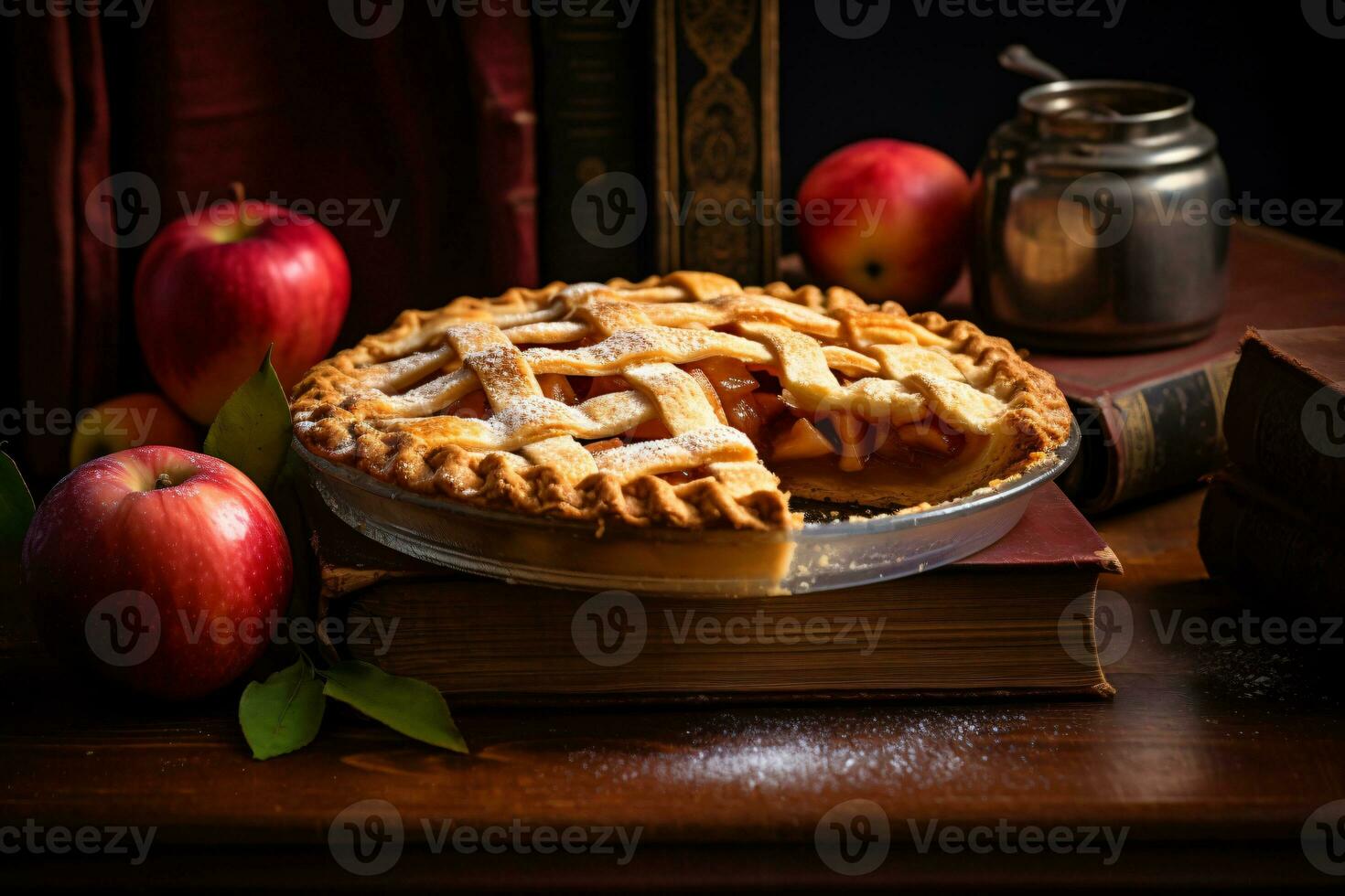warm apple pie on the table, AI generated photo