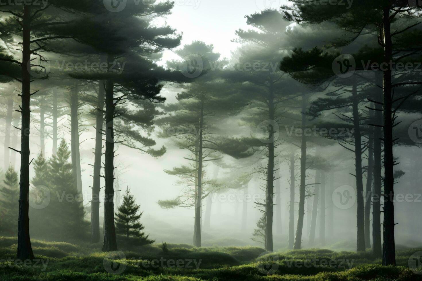light entering a misty pine forest creates a calm atmosphere, AI generated photo