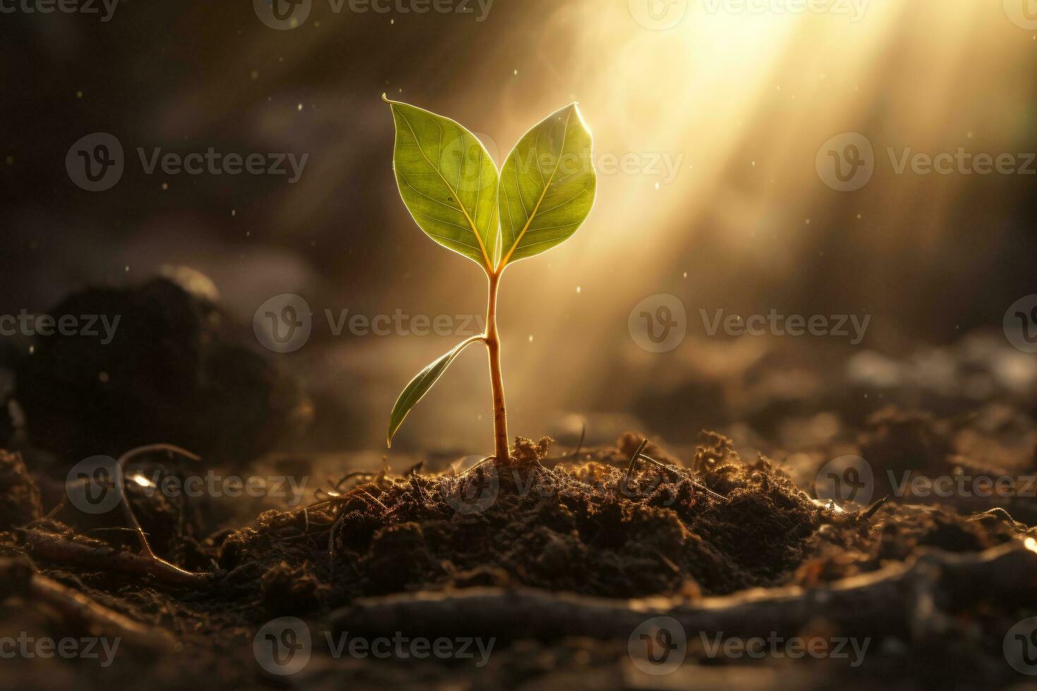 Sunlight shining on tree seedlings growing in the ground, concept of ecology, saving the environment, AI generated photo