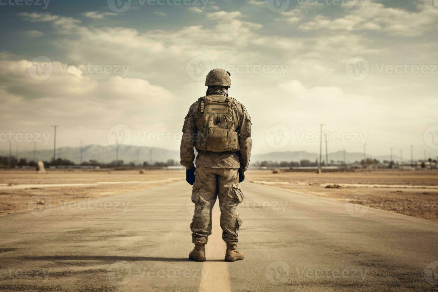 a soldier standing alone facing the back, AI generated photo