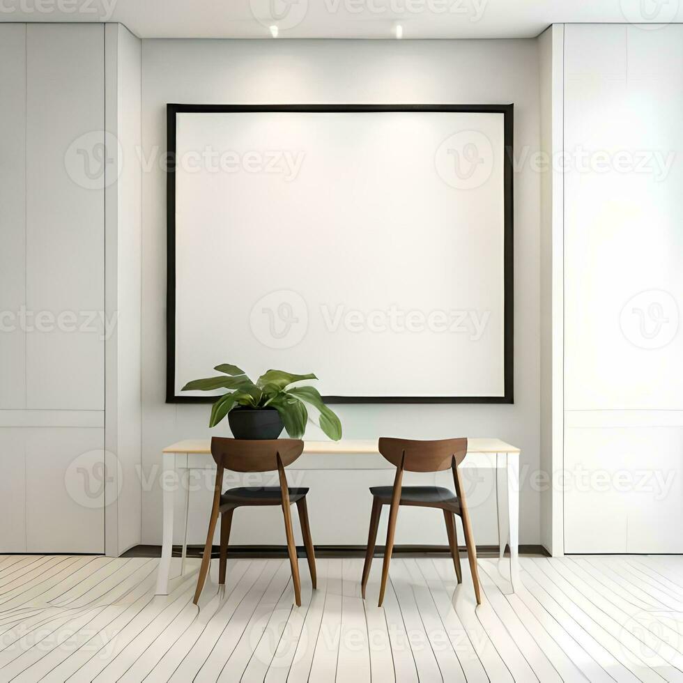 Two potted plants in front of a blank picture frame, white canvas background ,white studio background, a minimalist painting, white ambient background ,white frame border. AI Generative photo
