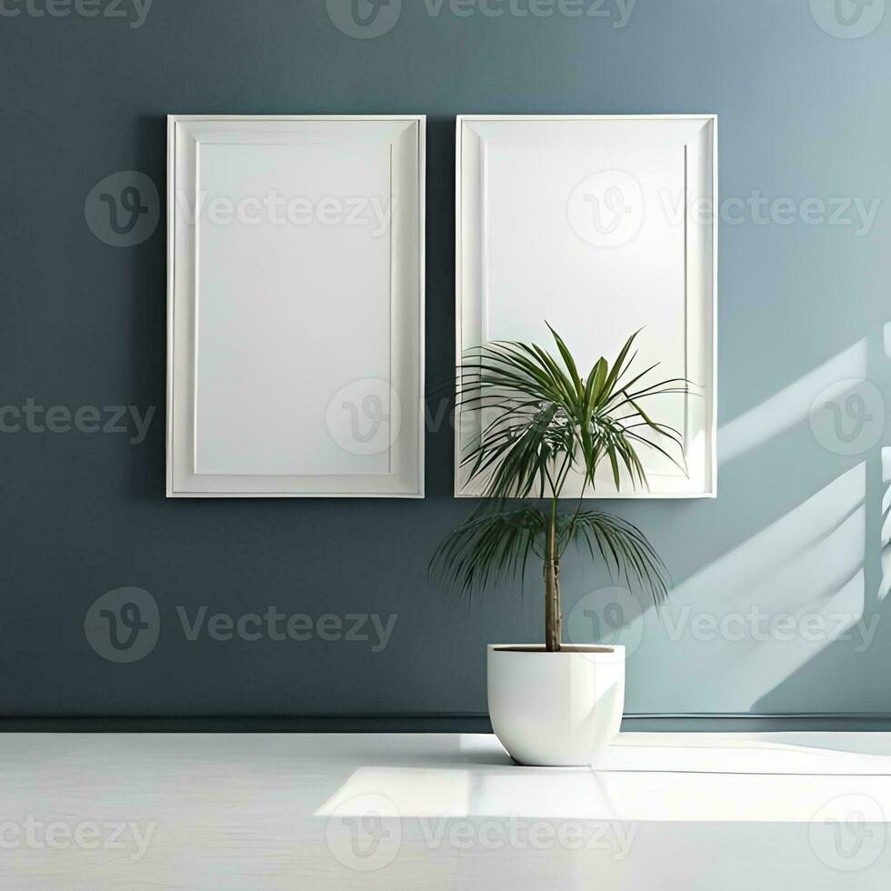 Two potted plants in front of a blank picture frame, white canvas background ,white studio background, a minimalist painting, white ambient background ,white frame border. AI Generative photo