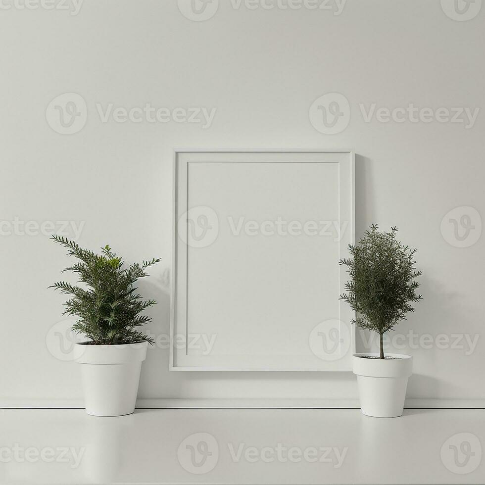 Two potted plants in front of a blank picture frame, white canvas background ,white studio background, a minimalist painting, white ambient background ,white frame border. AI Generative photo
