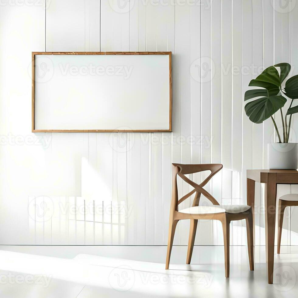 Two potted plants in front of a blank picture frame, white canvas background ,white studio background, a minimalist painting, white ambient background ,white frame border. AI Generative photo