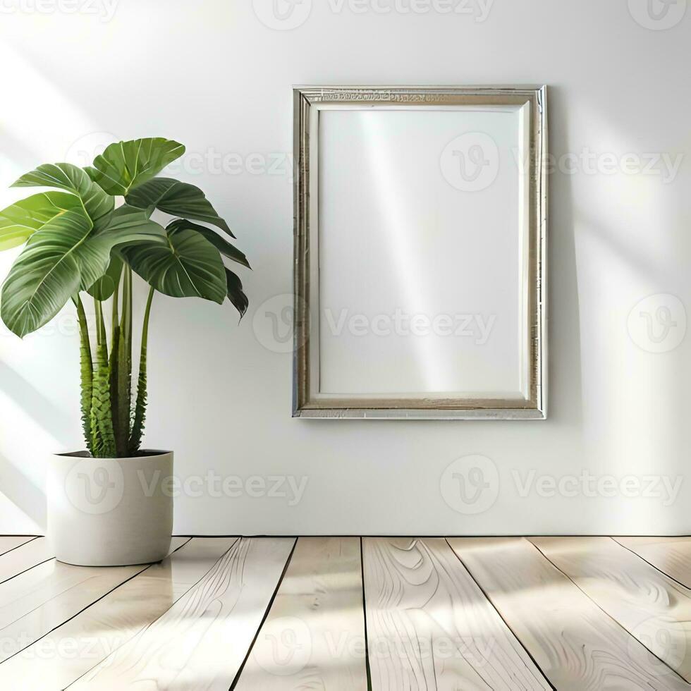 Two potted plants in front of a blank picture frame, white canvas background ,white studio background, a minimalist painting, white ambient background ,white frame border. AI Generative photo