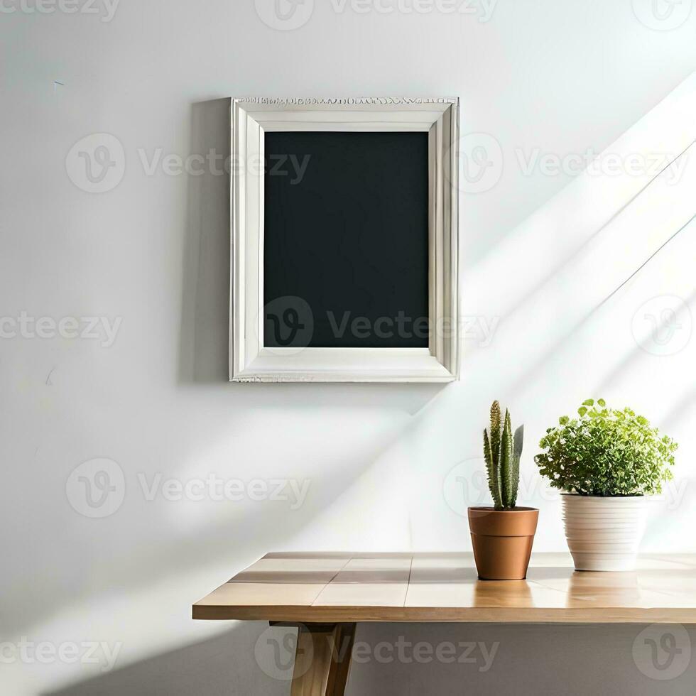 Two potted plants in front of a blank picture frame, white canvas background ,white studio background, a minimalist painting, white ambient background ,white frame border. AI Generative photo