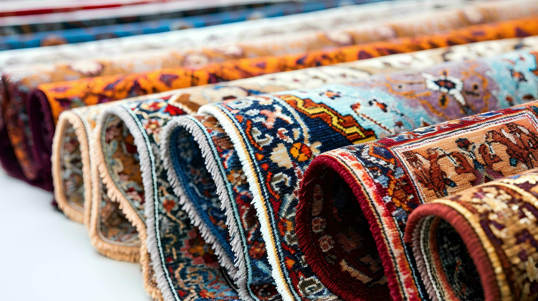 Rolled Persian carpets sale of bright carpets, photo shop