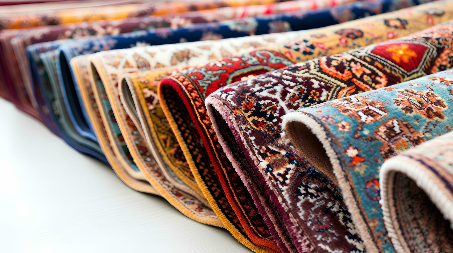 Rolled Persian carpets sale of bright carpets, photo shop