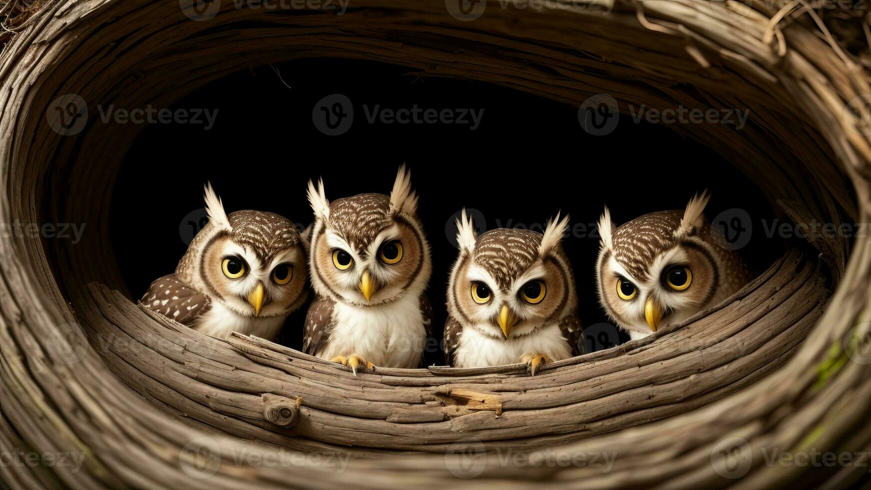 Curious two baby owls inside tree hole nest peeking out of the hole. AI Generated photo