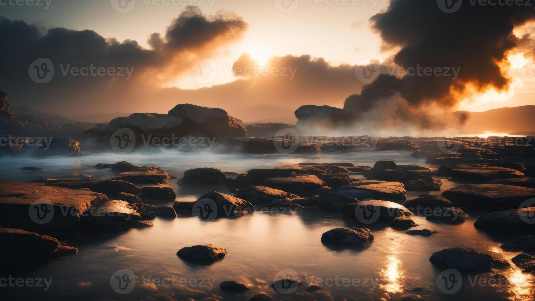 Abstract minimal concept. Dark background with natural granite stones podium on water and smoke surrounding. photo