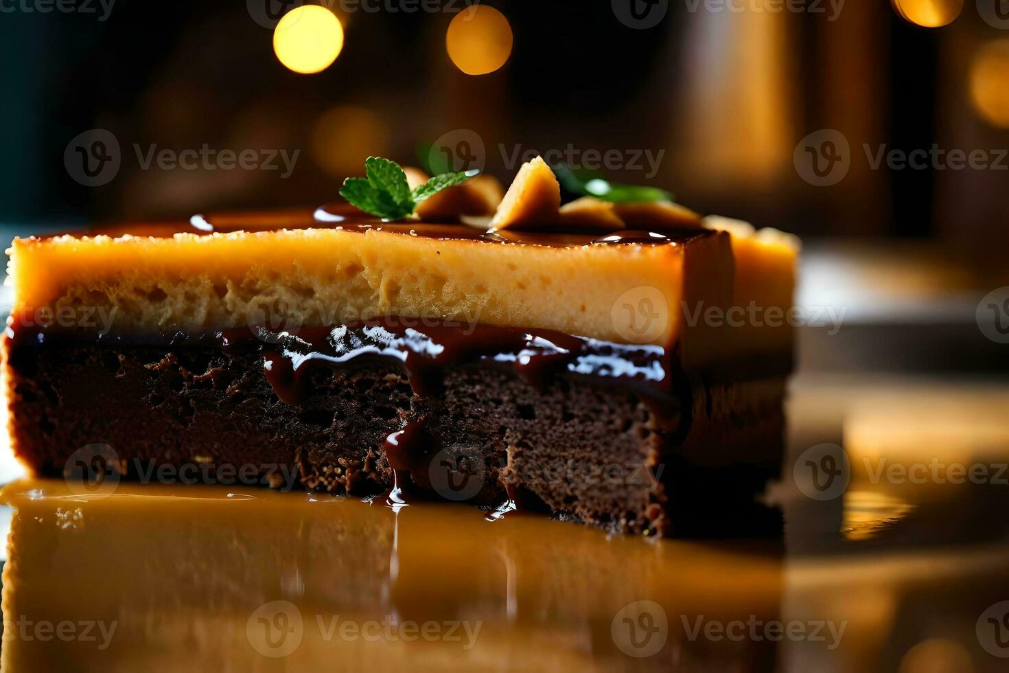 This text talks about a fancy dessert called Millionaire's Shortbread The picture shows a beautiful restaurant in the distance AI Generated photo