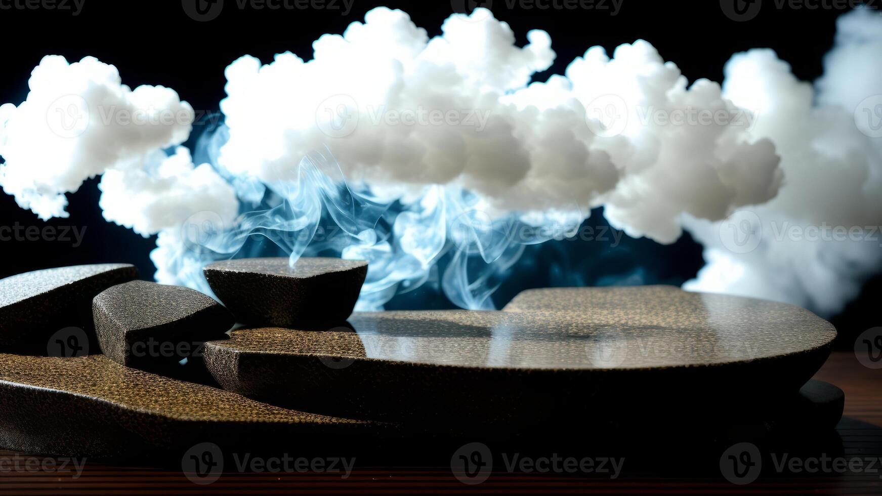 Abstract minimal concept. Dark background with natural granite stones podium on water and smoke surrounding. photo