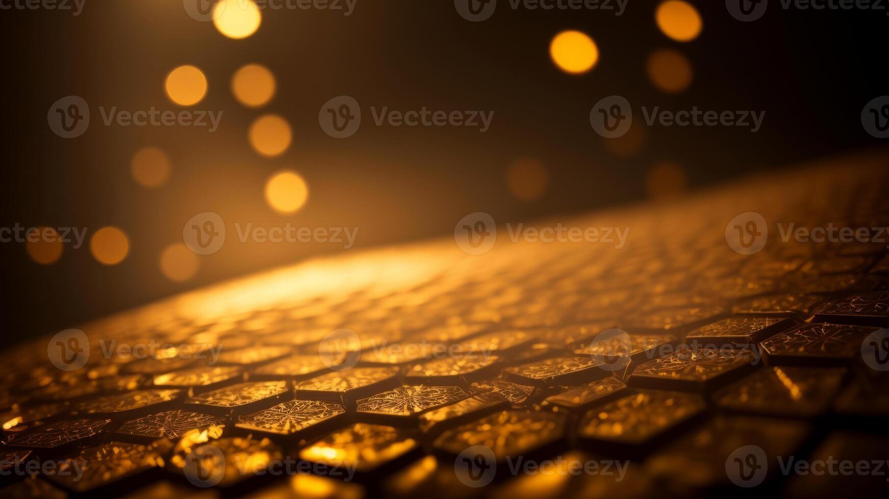 Luxury hexagonal abstract black metal background with golden light lines. photo