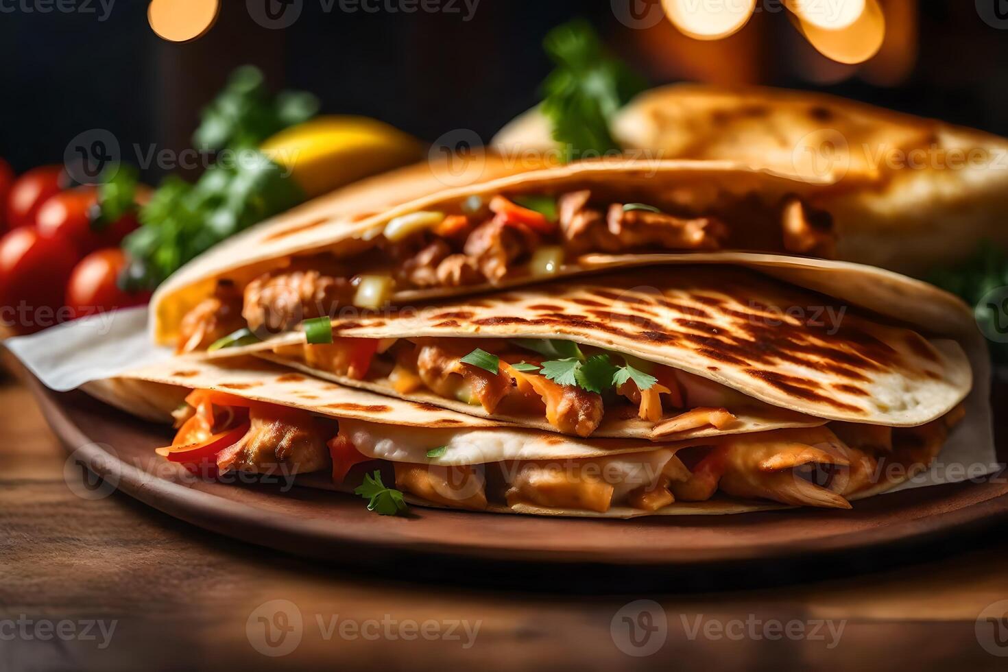 This is a clear picture of a tasty Chicken Quesadilla, with a background that is not very clear photo