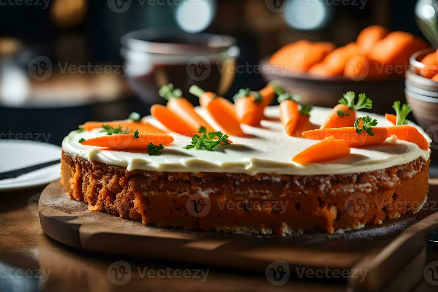 Zoom in on a picture of Carrot Cake, with a pretty restaurant in the back AI Generated photo