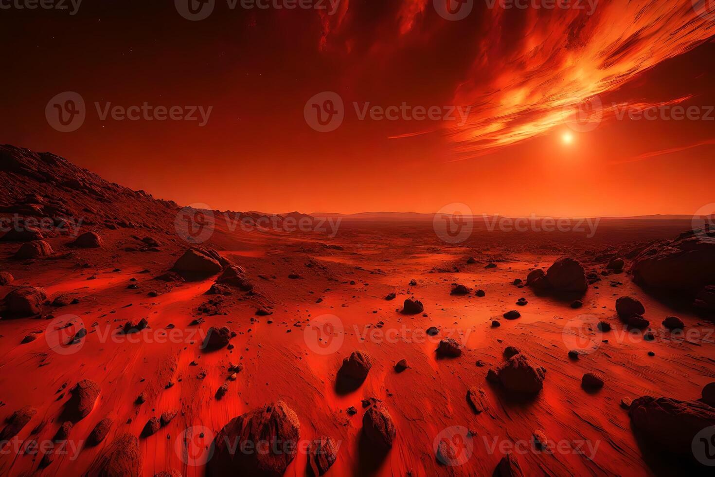 The picture displays the sun going down on Mars In the picture, the sky and the ground come together It is red and gold photo