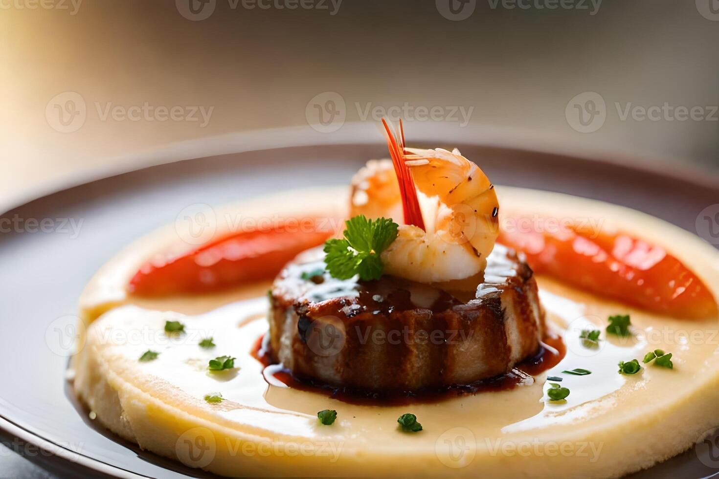 A photo is taken in a bright studio of a plate with Shrimp and Grits