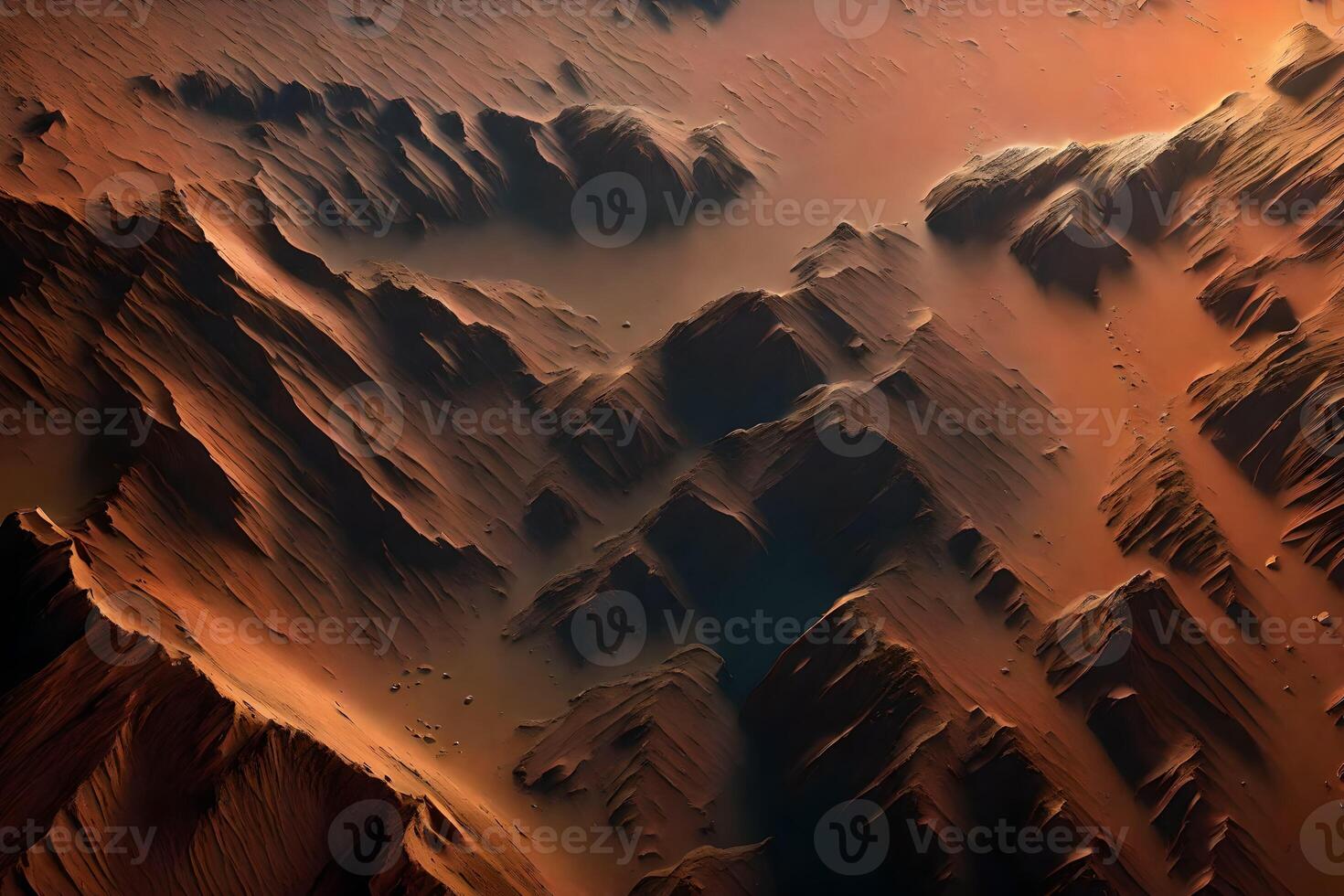 un asombroso visión de el rocoso paisaje y profundo valles de valles marineris en Marte como visto desde espacio ai generado foto