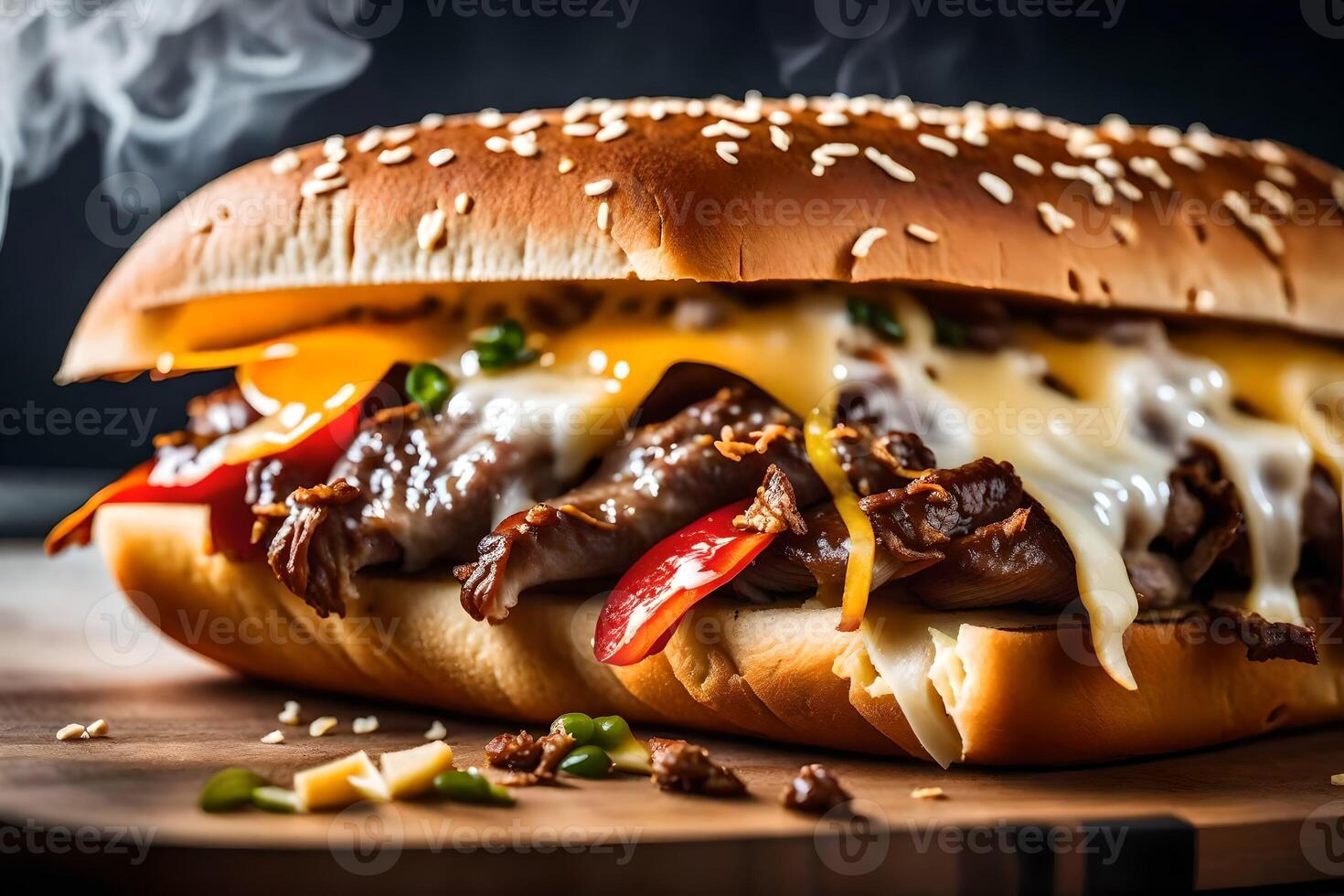 This is a detailed picture of a sandwich called Philly Cheesesteak The room has a really strong light in the back photo