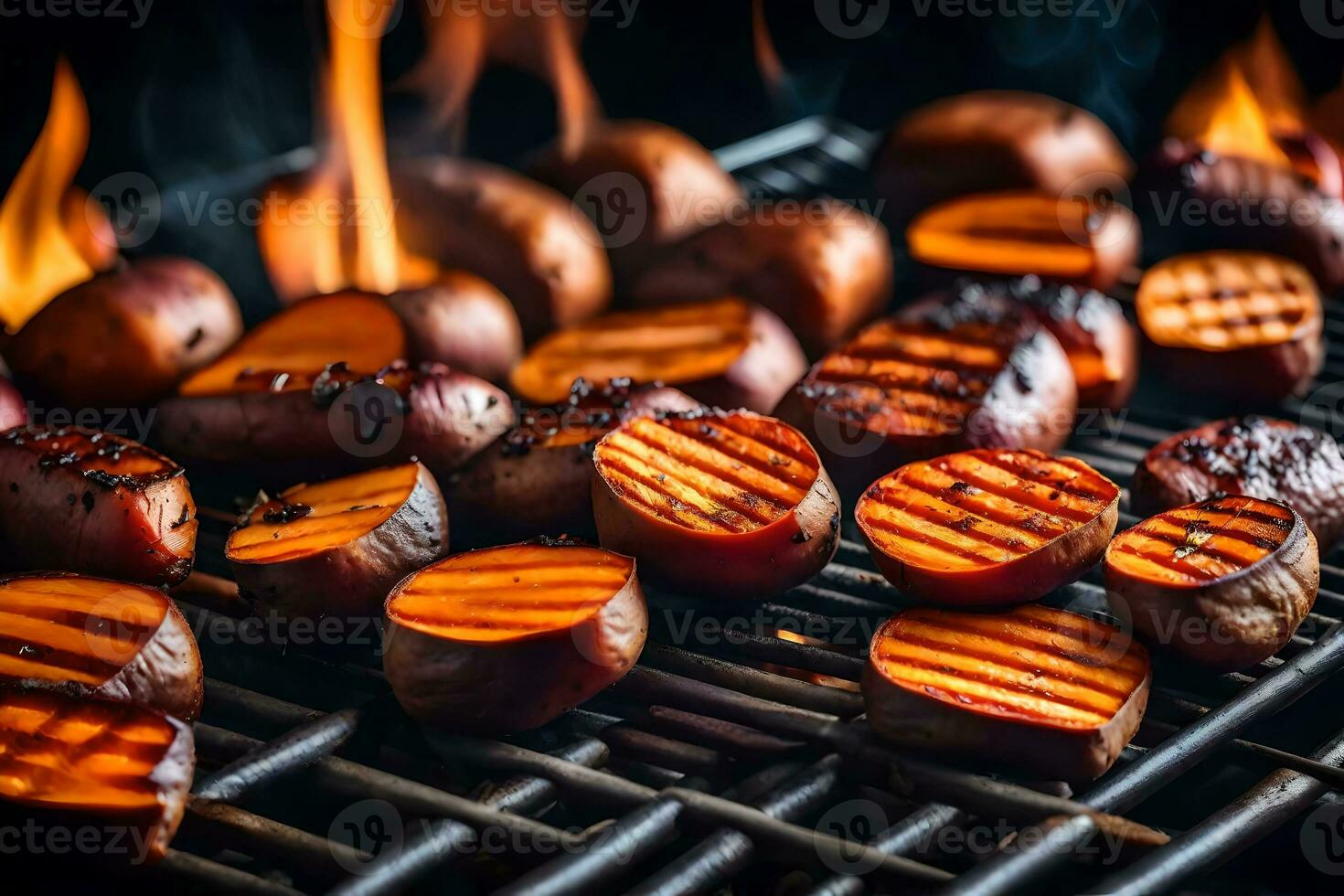 un cerca arriba imagen de barbacoa dulce patatas siendo cocido en un parrilla con llamas en el antecedentes ai generado foto