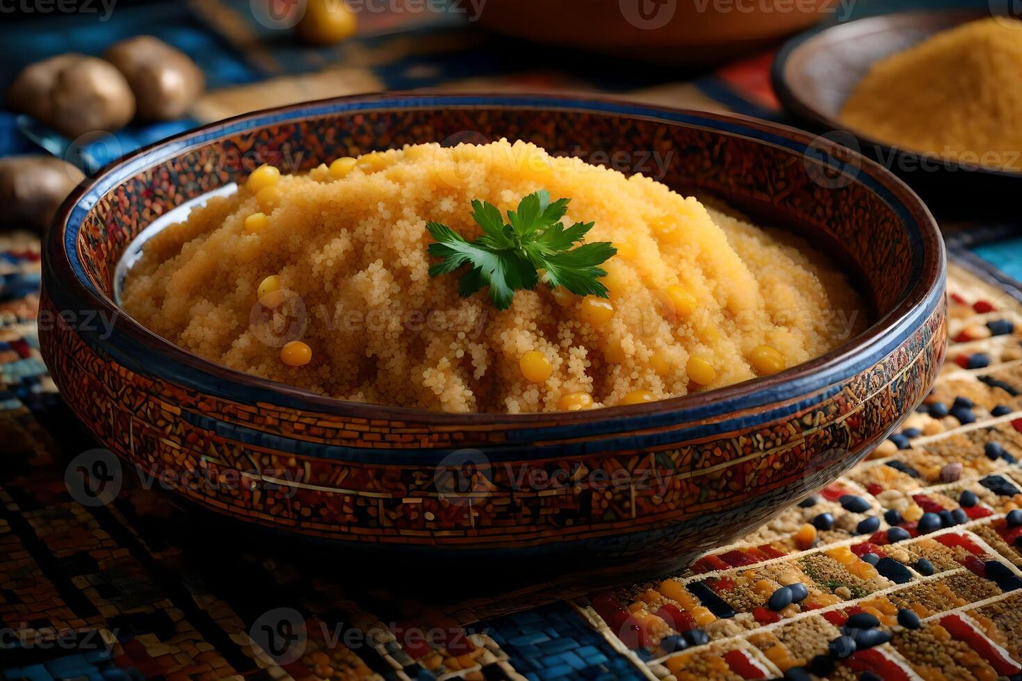 There is a plate of delicious smelling Moroccan couscous on a table with a patterned design made of tiles photo