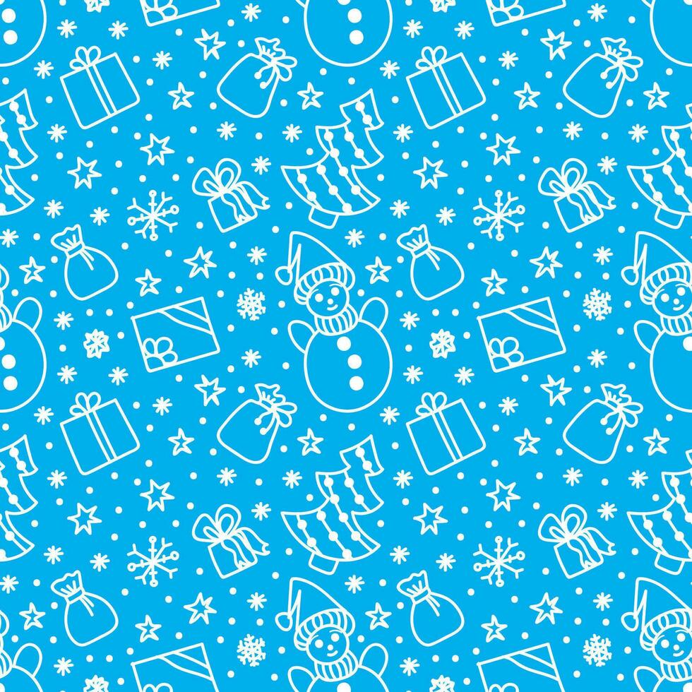 Merry Christmas and Happy New Year seamless pattern in doodle style. Vector illustration on a blue background with white line.