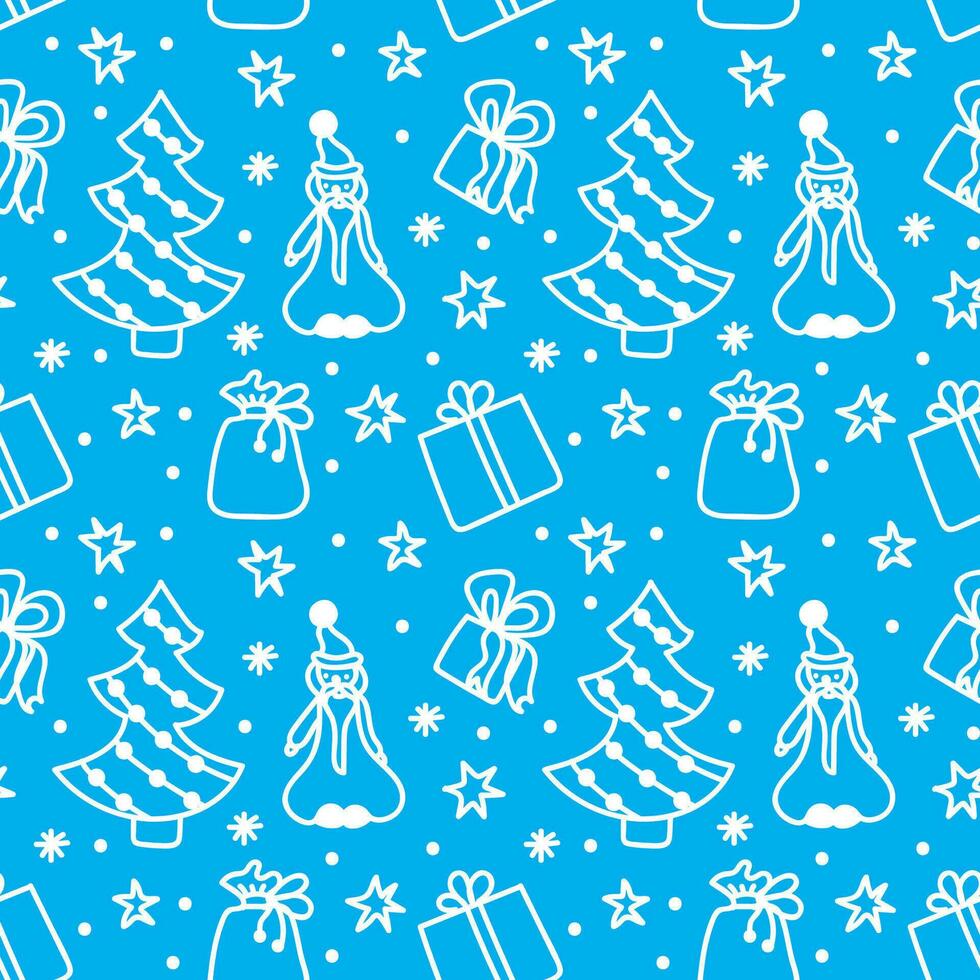 Merry Christmas and Happy New Year seamless pattern in doodle style. Vector illustration on a blue background with white line.