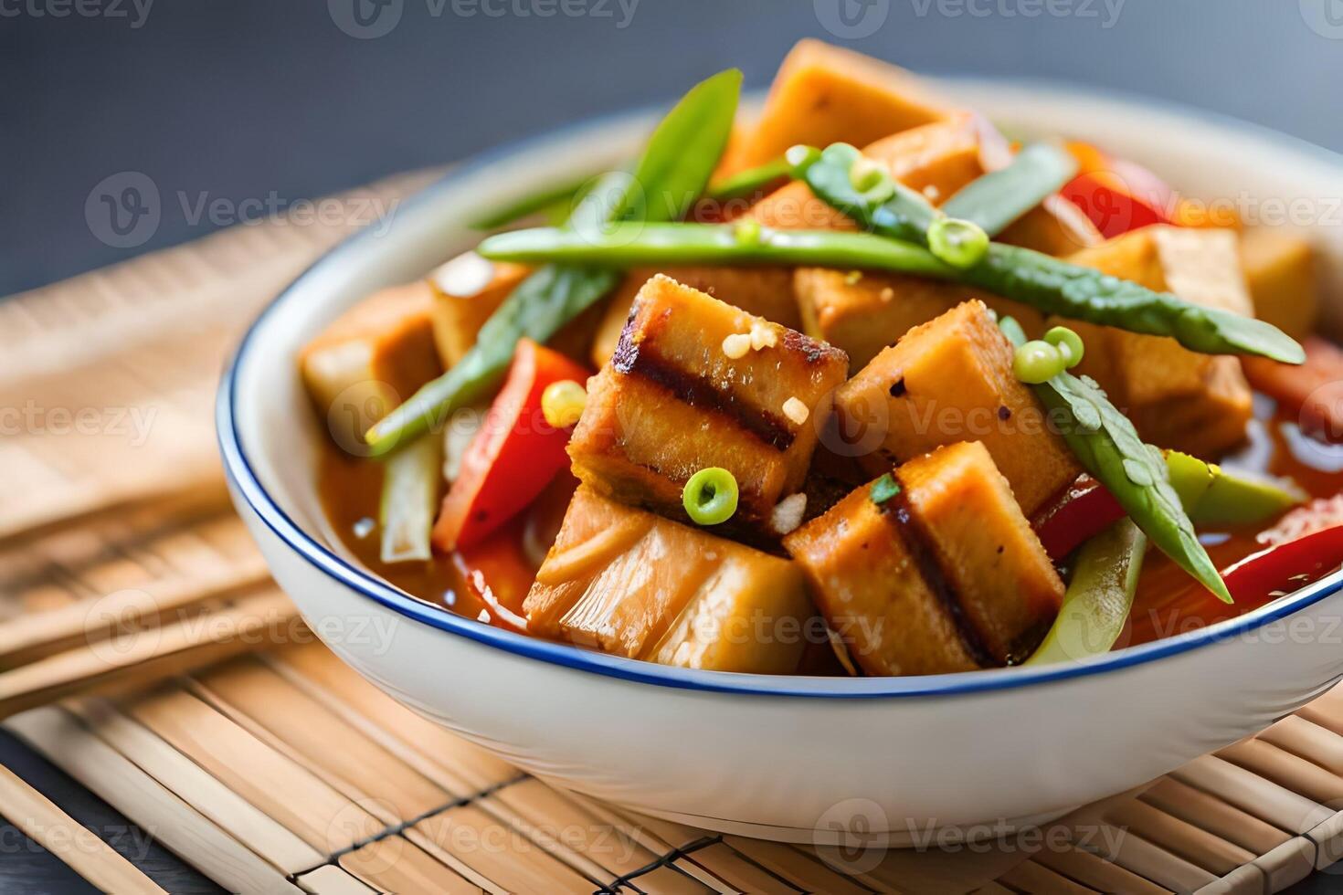 The main topic we are discussing is a plant based meal called Tofu Stir Fry The food is being photographed in a room that is bright with good lighting and has a plain background photo