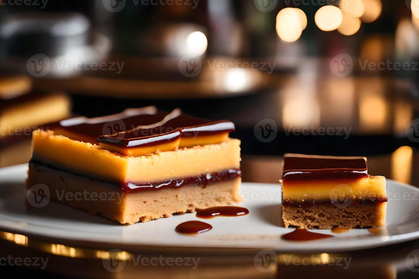 The text is about a close up view of Millionaire's Shortbread, with a nice restaurant in the background AI Generated photo