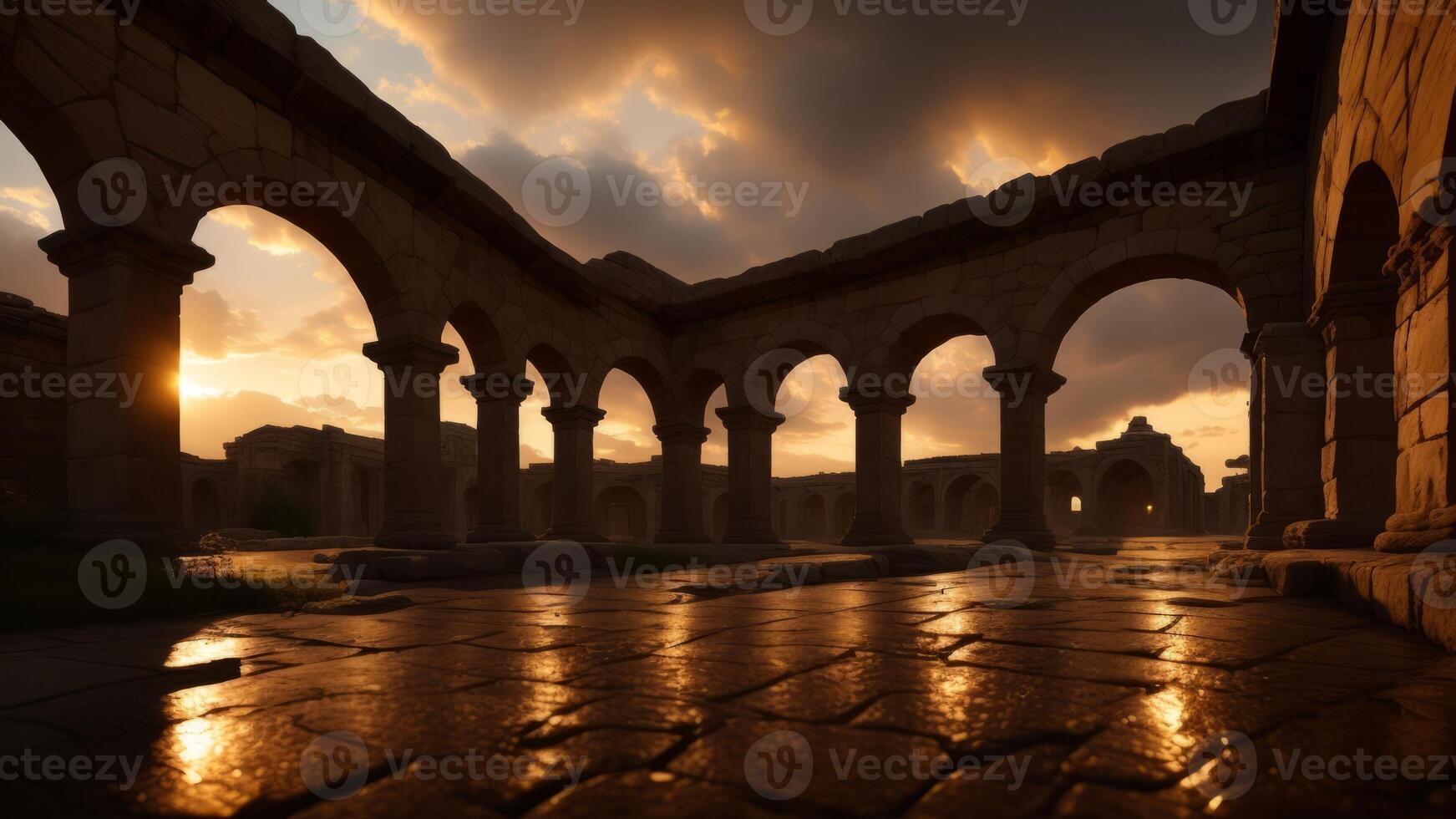 Ancient classic architecture stone arches with flames. photo