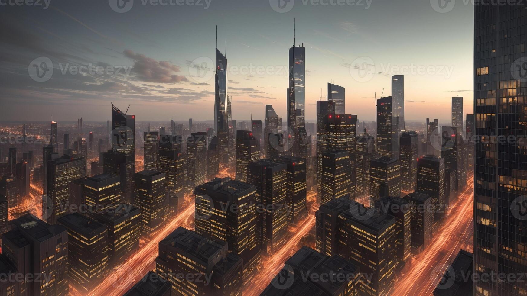 futuristic city skyline with advanced technology and towering skyscrapers. photo