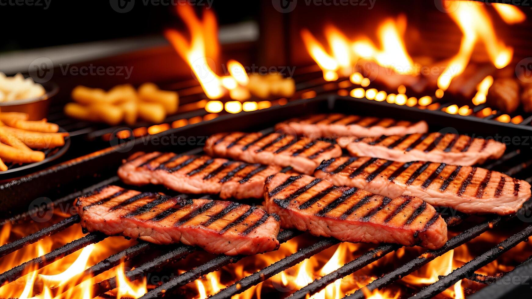 close up of meat on the grill and group of friends at background. photo