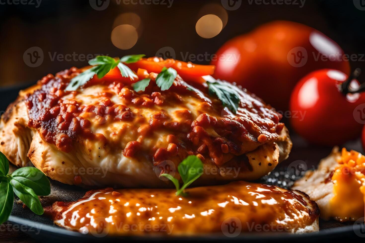 This text is talking about a picture of Chicken Parmesan The picture shows a close up view of the dish, with a beautiful blurred background photo