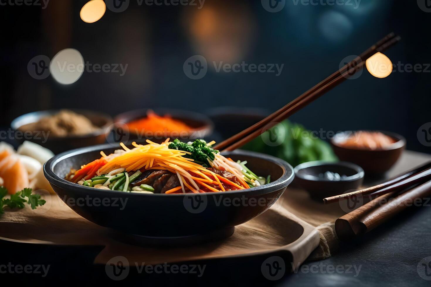 The camera is moving closer to Bibimbap, which is a famous dish from Korea The space behind is blurry or hard to view AI Generated photo