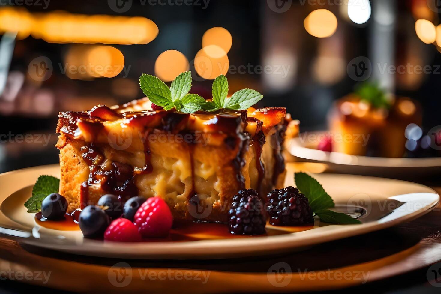 The camera zooms in on a tasty dessert called Bread Pudding, and there is a lovely restaurant far away photo